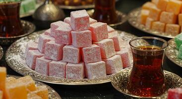 Assortment of Turkish Delight with Tea and Silver Platters Presentation photo