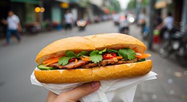 Authentic Vietnamese Banh Mi sandwich held against a bustling street view photo