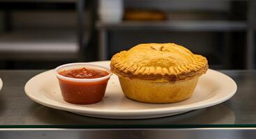 Savory Meat Pie with Golden Crust Accompanied by a Side of Tomato Sauce photo