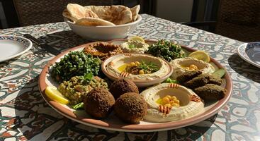 A Colorful and Delicious Middle Eastern Mezze Platter on a patterned table photo