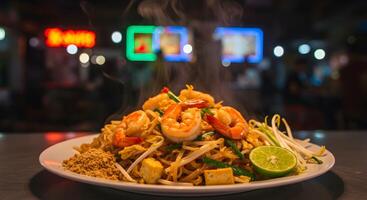 Delicious and Flavorful Pad Thai Dish with Fresh Shrimp and Lime Garnish photo