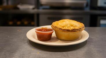 Hearty baked savory pie presented with rich tomato relish accompaniment photo