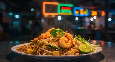 Steaming Pad Thai Delight with Fresh Shrimp and Lime, a Culinary Sensation photo
