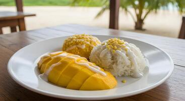 Exotic dessert mango sticky rice on a white plate with beach background photo