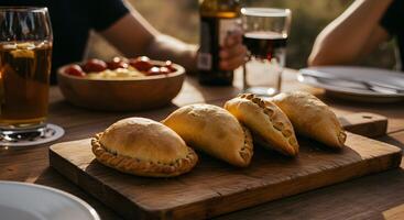 Empanadas Served on Wooden Board with Drinks and Tomatoes in Background photo