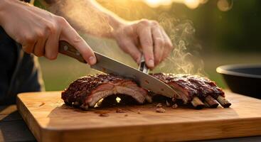 Delicious barbecue ribs being cut on a wooden board at a backyard picnic photo