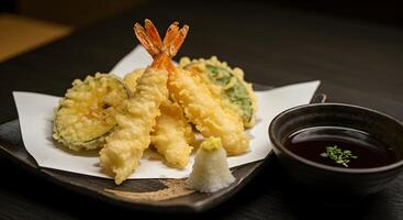 Authentic Japanese Tempura Set with Shrimp and Vegetable on a Stylish Plate photo