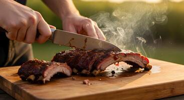 Delicious barbecue ribs being sliced by chef on a wooden cutting board photo
