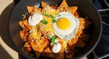 Delicious breakfast nachos skillet with fried egg,cheese and sour cream photo