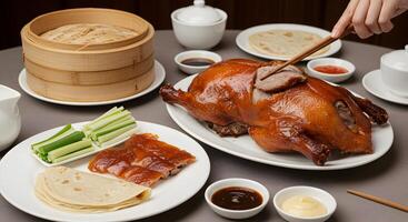 Exquisite peking duck presentation, a culinary delight with delicate pancakes photo