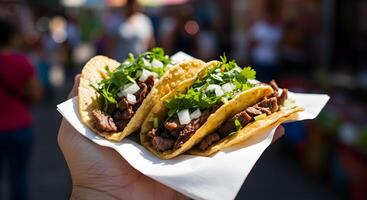 Delicious street tacos topped with fresh cilantro and diced onions ready to eat photo