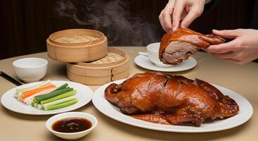Exquisite Peking Duck Presentation with Classic Accompaniments and Steaming Baskets photo
