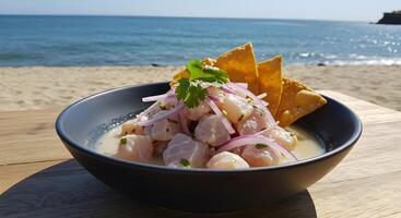 Refreshing ceviche presentation served with chips by the ocean shoreline photo