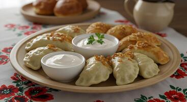 Authentic Ukrainian pierogi dish served with sour cream on wooden table photo
