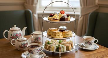 Elegant afternoon tea presentation on a tiered stand featuring floral teaware photo