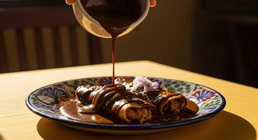 Authentic enchiladas with rich mole sauce being poured over the dish photo