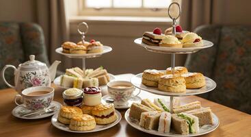 Elegant afternoon tea display with tiered serving trays and floral teaware photo