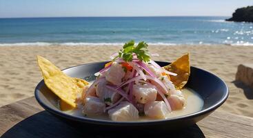 Fresh Ceviche Dish on a Beachfront Table with Ocean View Ambiance photo