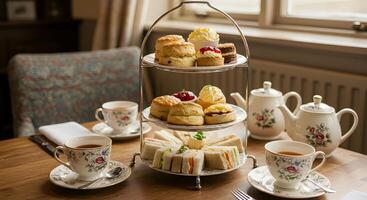 Elegant afternoon tea arrangement with tiered cake stand and floral teaware photo