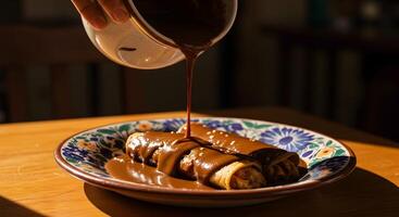 Authentic Mexican enchiladas in mole sauce being prepared with care and precision photo