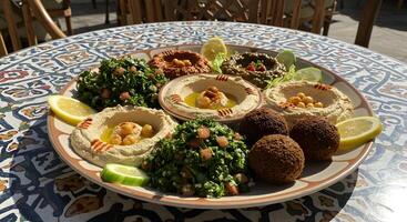 Middle Eastern Mezze Platter with Hummus, Falafel, and Tabbouleh Salad photo