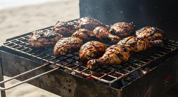 Succulent barbecue chicken grilling over hot coals on a summer day photo