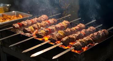 Succulent meat skewers sizzling over hot coals, a flavorful barbecue delight photo