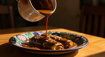 Authentic Mexican Enchiladas Poured with Mole Sauce on a Colorful Plate photo