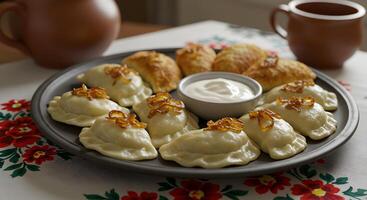 Appetizing pierogi dumplings on rustic plate with sour cream and fried onions photo