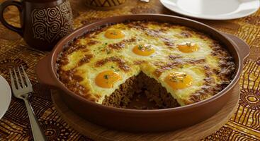 Exquisite minced meat dish topped with baked eggs for a gourmet meal photo
