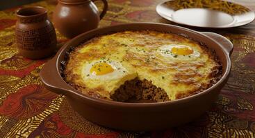 Exotic shepherd's pie with sunny side up eggs served in rustic style photo