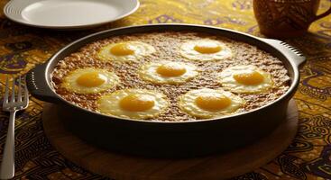 Delicious baked eggs in tomato sauce on rustic patterned tablecloth setting photo