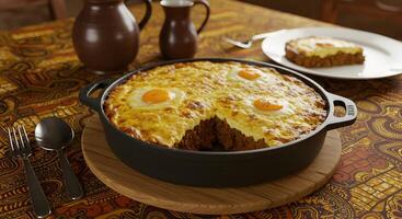 Delicious meat pie with eggs baked in a cast iron skillet on a patterned tablecloth photo