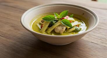 Delicious Thai Green Curry with Chicken and Bamboo Shoots on Wooden Table photo