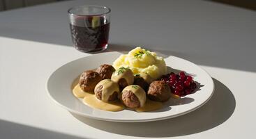 Plate of Swedish meatballs with mashed potatoes and lingonberry jam photo