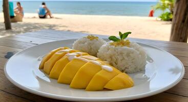 Tropical mango sticky rice served on a white plate with a beach backdrop photo