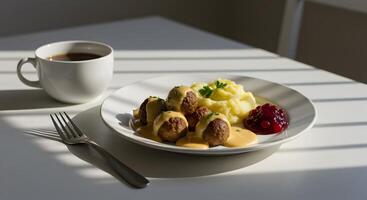 A Delicious plate of Swedish Meatballs with Gravy, mashed potatoes, and Lingonberry Jam photo