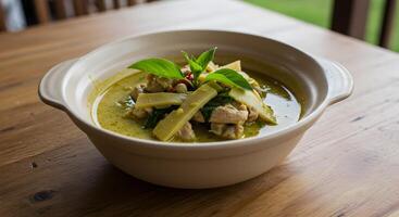 Authentic thai green curry with chicken, bamboo shoots and basil garnish photo