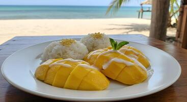 Delicious Mango Sticky Rice Served Against a Stunning Tropical Beach Backdrop photo