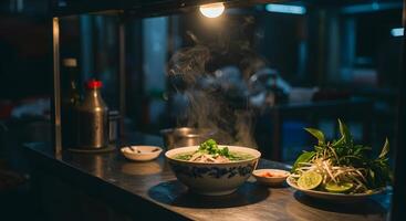 Steaming bowl of Pho and fresh garnish served in a vibrant urban setting photo