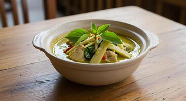 Delicious and Authentic Green Curry Served in a Traditional Bowl on Wooden Table photo