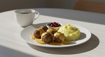 Inviting Swedish Meatballs, Mashed Potatoes, Lingonberries, and Coffee Still Life photo