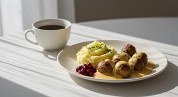 Delightful swedish meatballs meal with lingonberry jam and creamy mashed potatoes photo