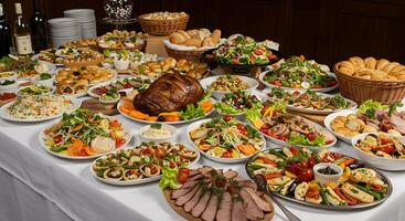 Lavish buffet arrangement featuring a diverse assortment of culinary delicacies photo