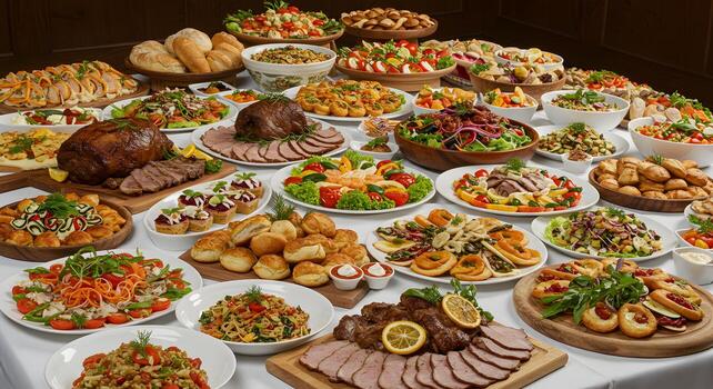 Extravagante buffet lleno con diverso culinario delicias para eventos foto