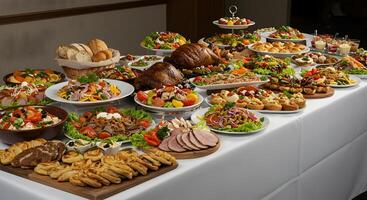 Extensive buffet of culinary delights featuring various dishes on a long table photo
