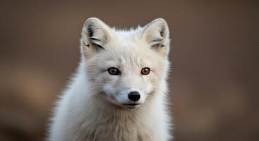 Portrait of a Curious Arctic Fox with Fluffy White Fur and Brown Eyes photo