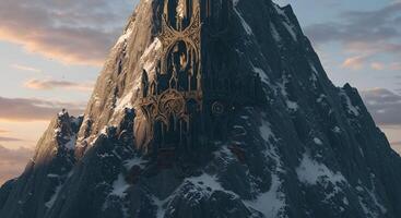 Majestic fantasy fortress carved into mountain, snow-capped peak at dusk photo