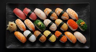 Exquisite Nigiri Sushi Assortment Displayed on a Dark Textured Plate photo