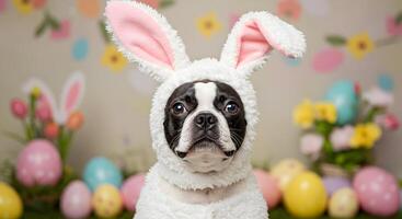 Charming Boston Terrier Posing as Easter Bunny with Festive Decorations photo
